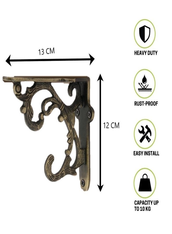 GHAR DWAR Metal Handcrafted Shelf Bracket for Floating Shelves L Angle Decorative L Shaped Corner Brace Joint Heavy Duty Wall Mounted Shelf Supporter Corner Brace Holder (Pack of 2, Brass Antique) - Image 2